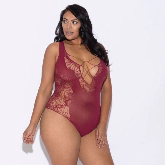 Knit & Floral Lace Stretch Bodysuit Red Cabernet Plus Size Sexy Lingerie New - Picture 1 of 3